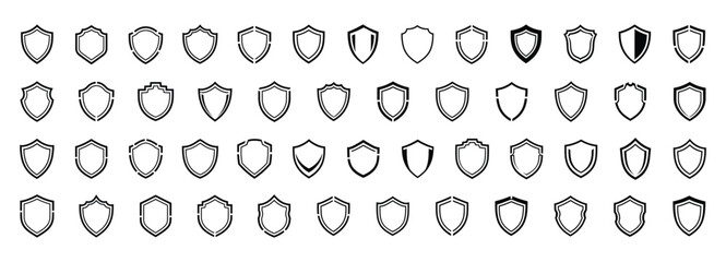 Fototapeta premium A comprehensive collection of diverse shield icons featuring various shapes and styles isolated on a clean white background for modern digital design projects