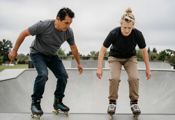 Fototapeta premium Active aging and healthy lifestyle, mature couple roller skating at a skate park to maintain physical fitness and mobility in their senior years