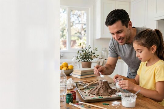 Father and daughter building volcano science project in kitchen