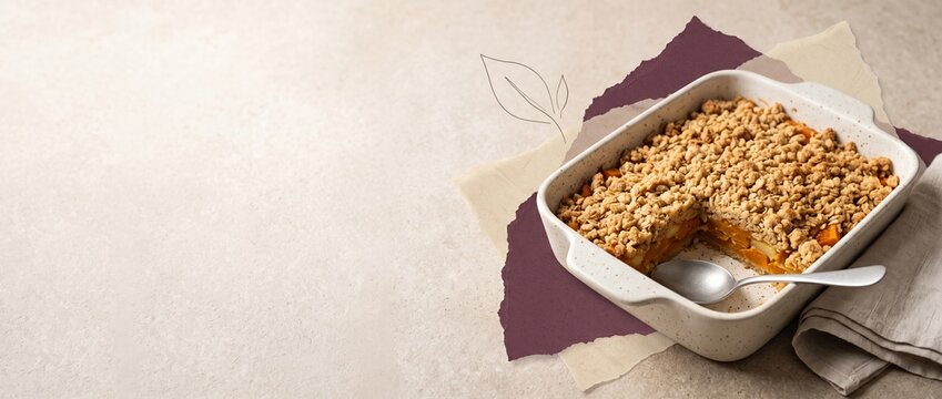 Pumpkin and apple crumble in a ceramic baking dish with a golden topping and a served portion, cozy autumn dessert for seasonal baking and homemade comfort food