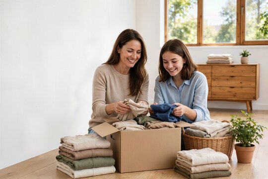 Mother and daughter sorting clothes for donation at home