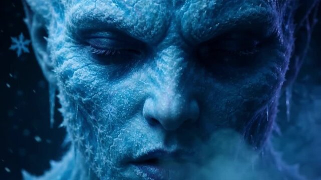 Epic cinematic footage: frozen frost wraith with an icy blue face close-up, glowing eyes, dark winter fantasy