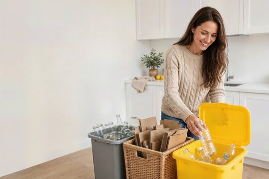 Woman sorting household recycling into bins at home