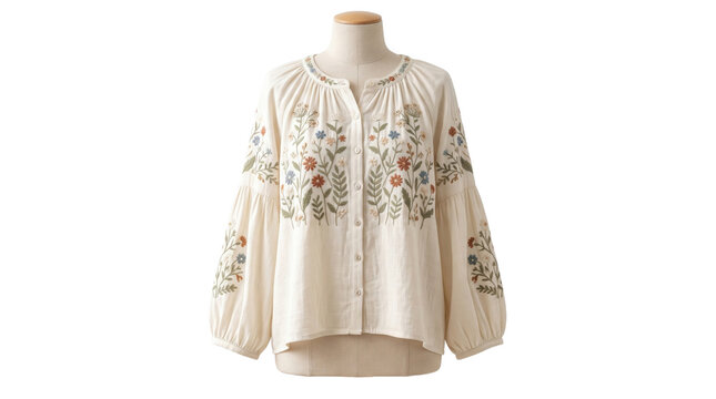 Elegant embroidered peasant blouse, a stylish bohemian fashion garment; delicate floral embroidery on a cream-colored cotton top, perfect for lifestyle and apparel design.