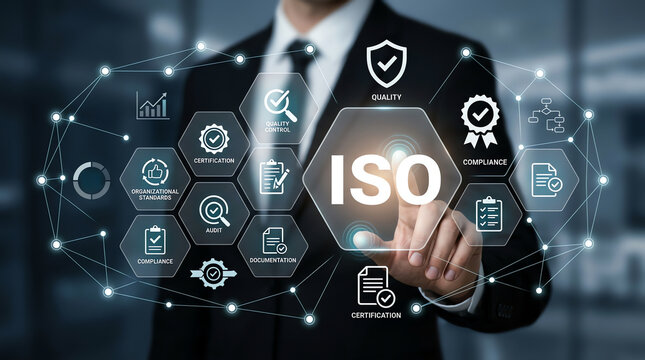 Business professional interacting with a digital display showing the iso standard certification