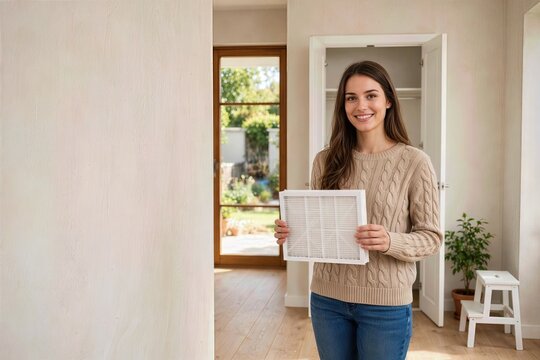 Woman holding HVAC air filter in bright hallway