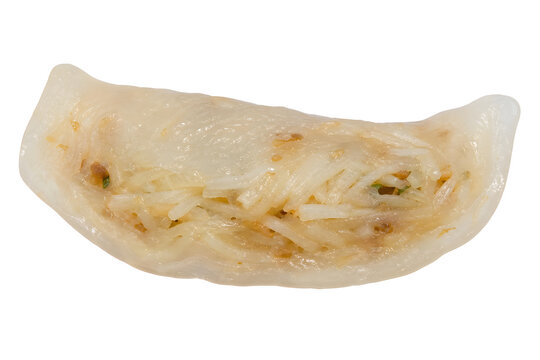 Translucent crescent-shaped Teochew soon kueh with visible shredded Isolated on White Background