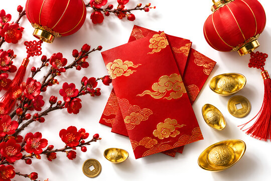 Chinese New Year background with red envelopes, golden sycee ingots, lanterns, and plum blossom branches on white background
