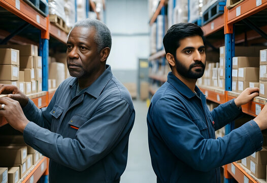 Supply chain diversity and inclusion, warehouse workers collaborating in logistics center with inventory management and industrial distribution operations