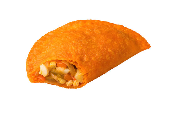 Filipino Ilocos empanada with bright-orange thin crisp crescent shell Isolated on White Background