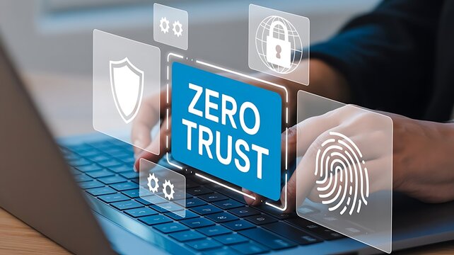 Professional Using Laptop Featuring Cyber Security Zero Trust Architecture Digital Interface Concept
