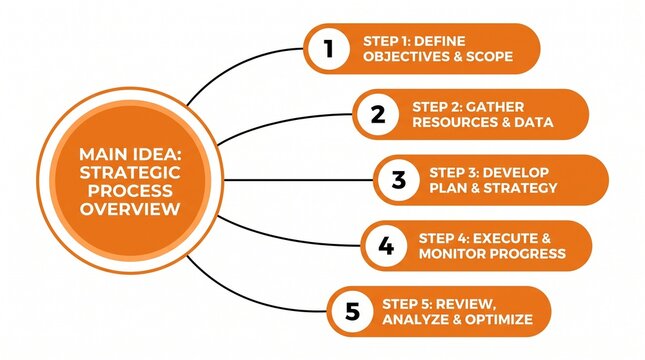 Five step strategic process infographic diagram with orange rounded