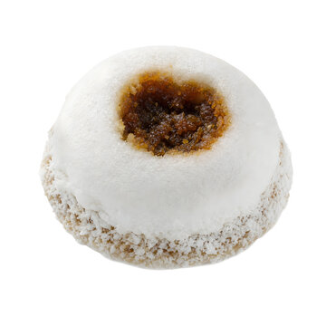 Small round putu piring steamed rice-flour cake with dark palm-sugar Isolated on White Background