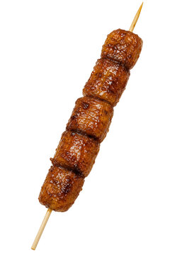 Filipino banana cue, caramelized saba banana pieces threaded Isolated on White Background