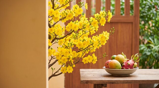 Ochna integerrima flowers and tropical fruits on a wooden table