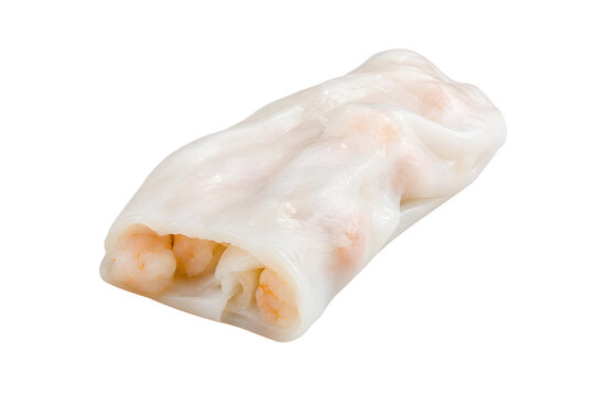 Compact Cantonese cheung fun rice noodle roll, translucent white folde Isolated on White Background