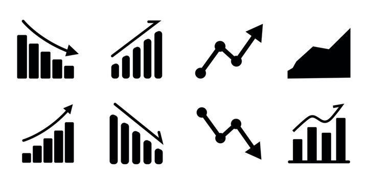 Rising and falling bar graphs, business growth profit and loss decline trend arrows icon set