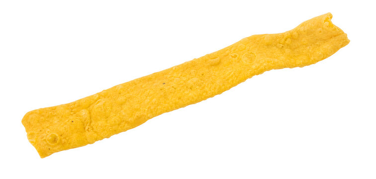 Gujarati fafda, long thin crisp yellow chickpea-flour strip with rough Isolated on White Background