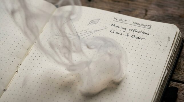 Journaling thoughts with smoke effect, morning reflections, chaos & order