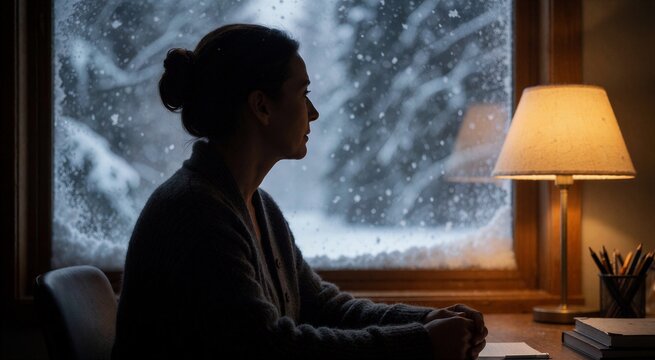 Quiet winter evening scene featuring a woman silhouetted against a snow-covered window, illuminated by warm indoor light.