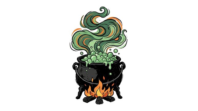 Boiling black cauldron with green magical potion and fire flames cauldron halloween mystical supernatural chemistry