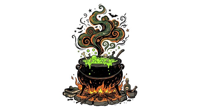 Black iron witch cauldron bubbling with green potion over hot campfire flames for halloween cauldron halloween bubbling