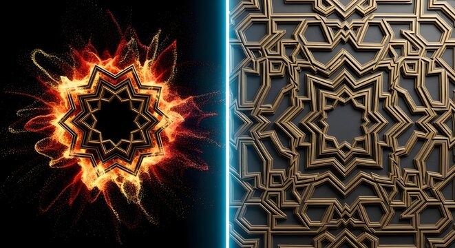 Ramadan Kareem golden geometric star pattern with fire particle effect