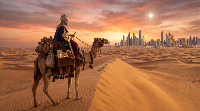 Wise man King Melchior riding camel in desert dunes looking at modern city skyline at sunset with bright star, traditional epiphany in modern world concept