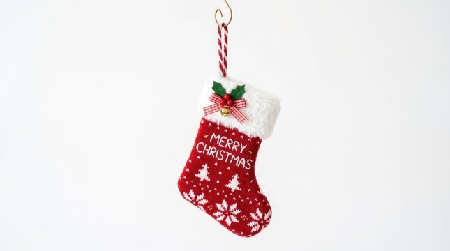 A red Christmas stocking with white snowflake patterns and a festive bow hangs against a plain white background.