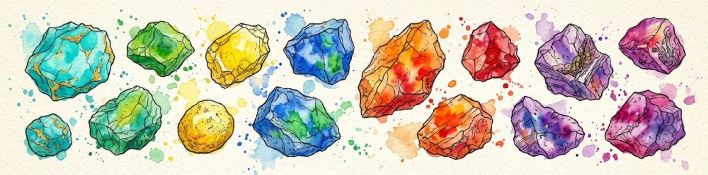 Colorful Watercolor Crystal Gemstone Banner with Vibrant Ink Splashes