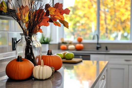Autumn kitchen countertop decor with pumpkins and fall leaves