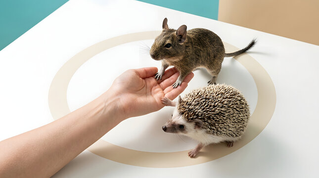 Hedgehog, degu and hand on white table with circle for exotic pet care, animal welfare and veterinary service. Small rodents, prickly mammal and human interaction for zoology, domestic lifestyle and 