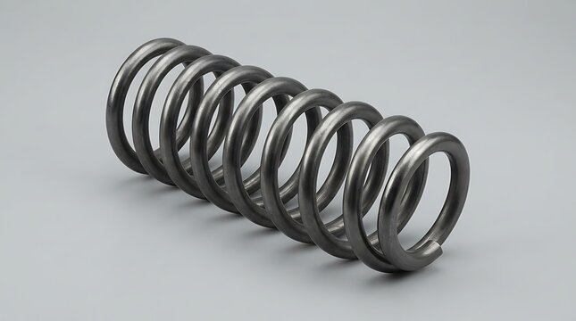 Rolled steel wire coil spring for industrial use on light gray background mechanical object.