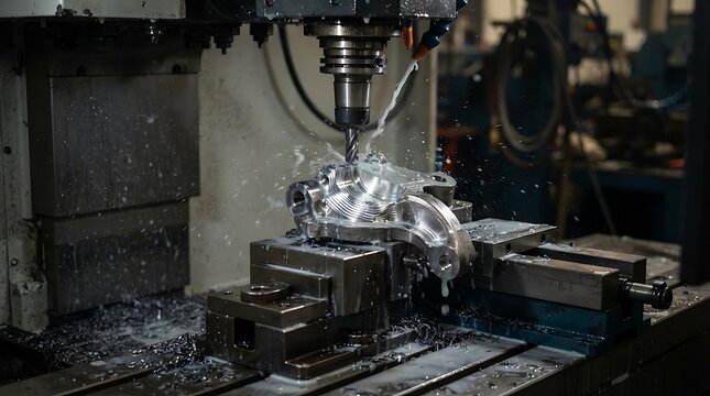 Vertical cnc milling machine processing aluminum metal part with liquid coolant and flying chips.