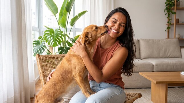 Jovem mulher brasileira sorrindo enquanto recebe lambida de seu cachorro na bochecha. Cena aconchegante e feliz na sala de estar
