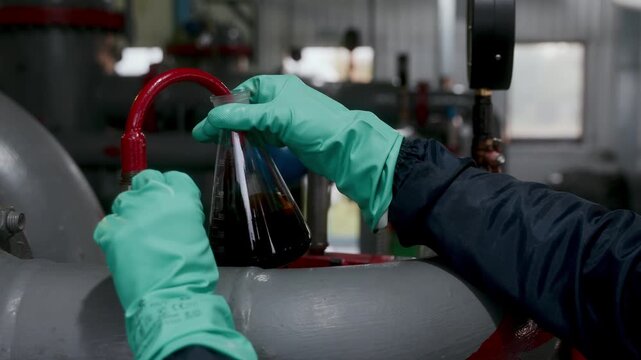 Worker in protective gloves collects dark petroleum liquid sample from industrial pipe during oil testing process inside refinery laboratory