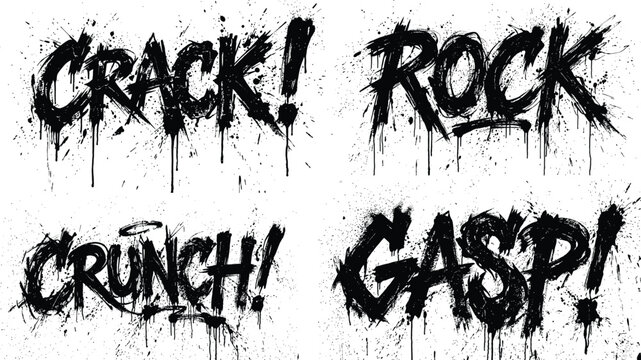 Dynamic comic sound effects collection featuring 'crack ' 'rock ' 'crunch ' and 'gasp' words isolated on transparent background silhouette