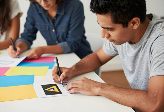 Collaboration and creative brainstorming, diverse team working on design project with colorful paper notes and markers in modern office workspace