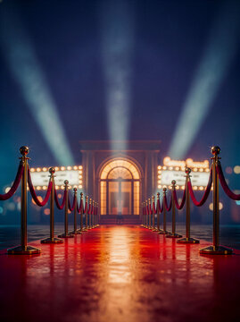 Red carpet premiere entrance with gold stanchions and spotlights
