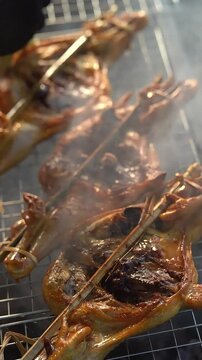 Slow motion of authentic Thai grilled chicken (Kai Yang) sizzling on charcoal grill.