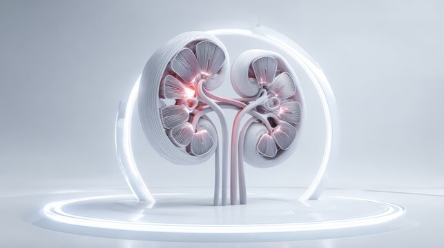 Anatomy of a Kidney: A stylized, abstract 3D render depicting the intricate internal structure of a human kidney, surrounded by a futuristic glowing halo, symbolizing health and medical innovation.