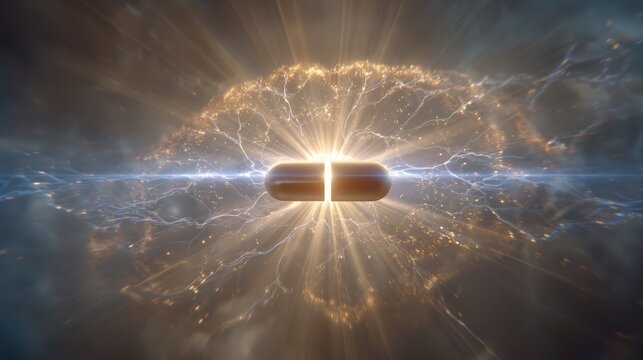 The Capsule of Power: A glowing, futuristic capsule radiates energy and light, surrounded by swirling cosmic dust and ethereal particles, symbolizing immense potential and groundbreaking discovery.