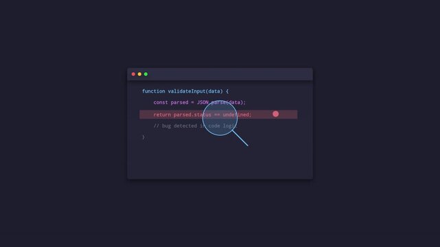 Code Debugging and Bug Fixing Animation with Magnifying Glass Scanning Vector Background