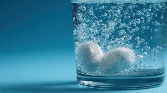 Effervescent Tablet Dissolving: A close-up shot captures an effervescent tablet dissolving in a clear glass of water, creating a flurry of refreshing bubbles and showcasing the process of dissolution.