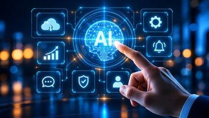 Obraz premium Digital Transformation and Artificial Intelligence Concept with Hand Touching Glowing AI Interface Node