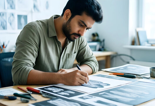Creative design and fashion illustration, professional artist sketching clothing concepts on paper at a desk in a modern studio workspace