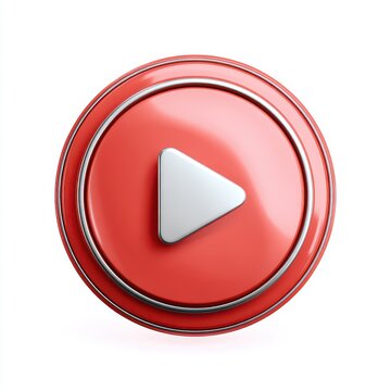 Red Play Button with Metallic Ring: A vibrant red play button icon, featuring a sleek white triangle inside a metallic silver ring, isolated on a clean white background.