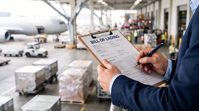 Professional logistics manager reviewing shipping documents on a busy airport cargo apron for international air freight operations
