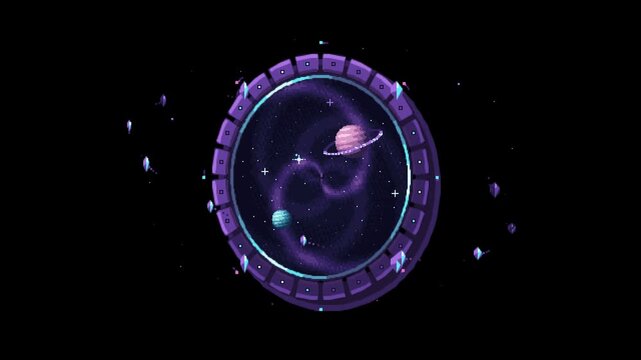 Pixel Art Galaxy Portal with Planets on Black Background