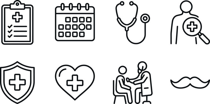 Medical Healthcare Icon Set Featuring Stethoscope Clipboard Calendar and Doctor Patient Consultation Line Art Illustrations